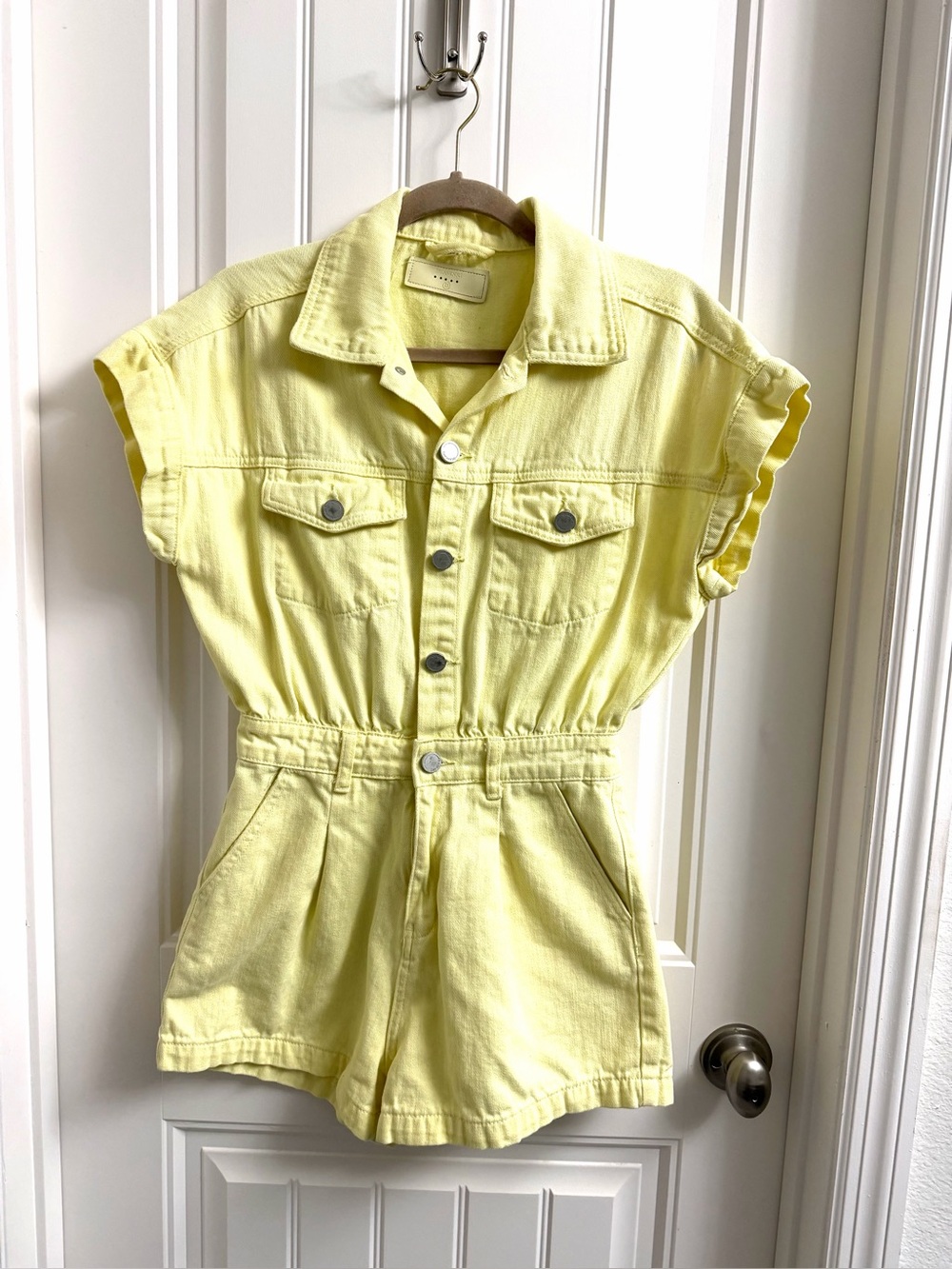 BLANKNYC Yellow Denim Utility Romper XS Ruffle Sleeves